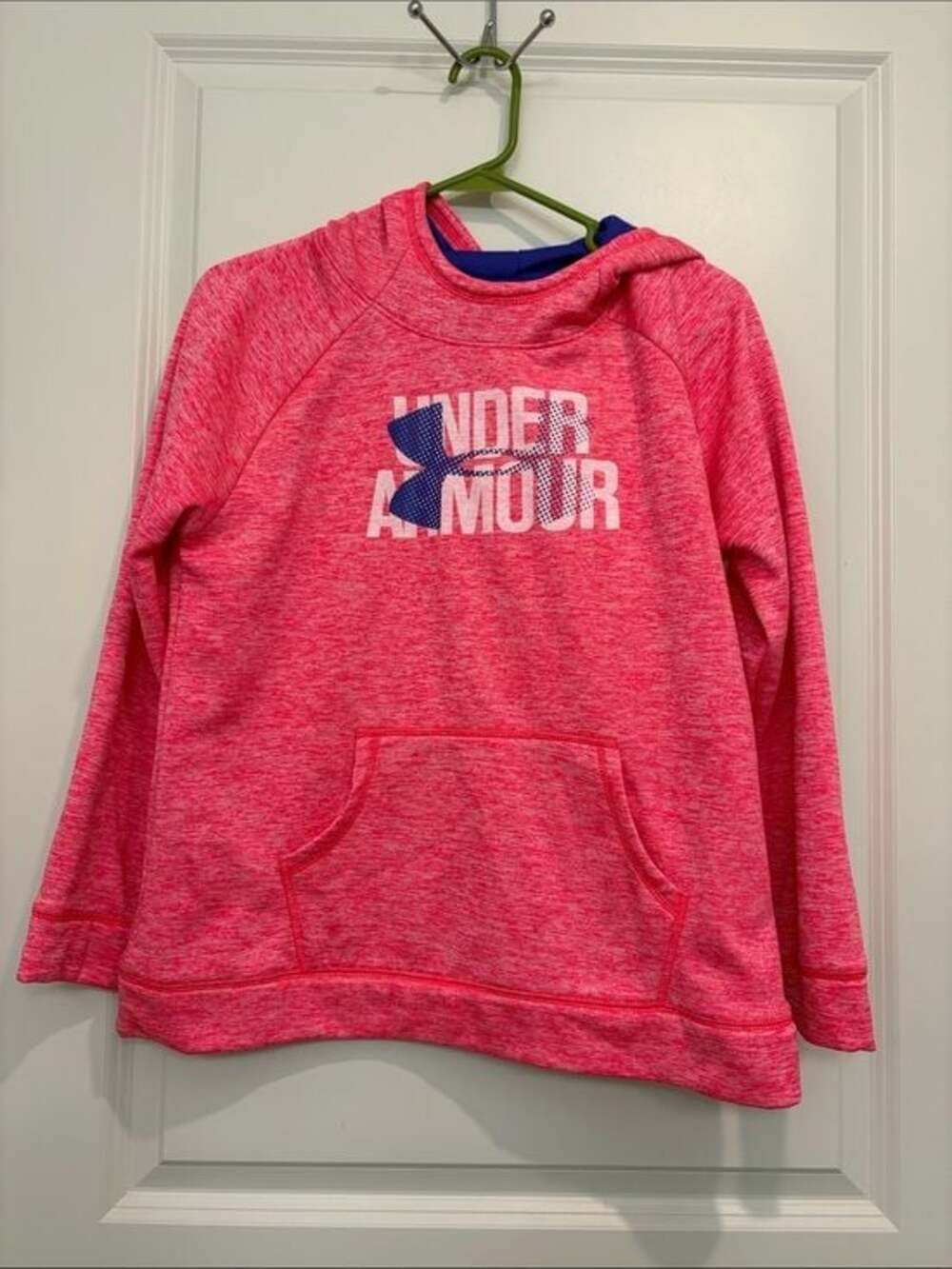 Under Armour Hot Pink YXL Heather Pullover Hoodie with Blue Logo